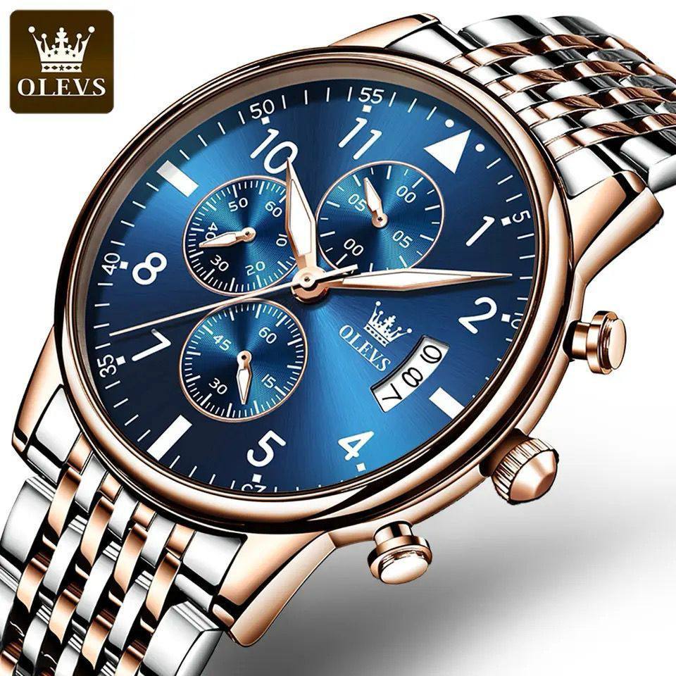 OLEVS CHRONOGRAPH MEN WATCH CHRONOGRAPH MOVEMENT DATE DISPLAY STRONG LUMINOUS FUNCTION BATTERY POWERED STAINLESS STEEL WATER RESISTANT OLEVS BRANDED BOX