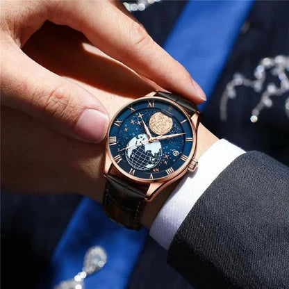 POEDAGAR GENTS WATCH #P803 FINE POLISHED LEATHER STRAPS BATTERY POWERED LUMINOUS ARMS GLOBE/SPACE INSPIRED DESIGN