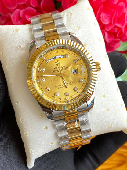 GENTS ROLEX WITH PERPETUAL CALENDAR FULL DAY DISPLAY DATE DISPLAY WATER RESISTANT BATTERY POWERED ROLEX BRANDED BOX AND ENQUIRIES