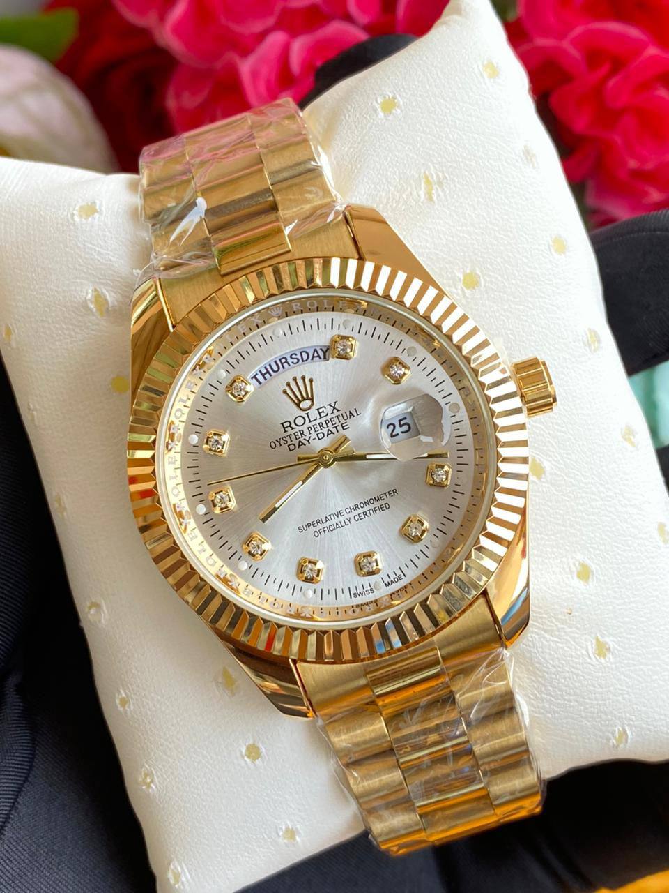 GENTS ROLEX WITH PERPETUAL CALENDAR FULL DAY DISPLAY DATE DISPLAY WATER RESISTANT BATTERY POWERED ROLEX BRANDED BOX AND ENQUIRIES