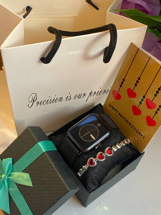 MOTHERS DAY GIFT PACKAGE (APPLE WATCH X BRACELET EDITION ) WATCH,BOX,CARD,BAG,BRACELET STAINLESS STEEL WATER RESISTANT BATTERY POWERED DAY AND DATE DISPLAY MAGNETIC MESH STRAP