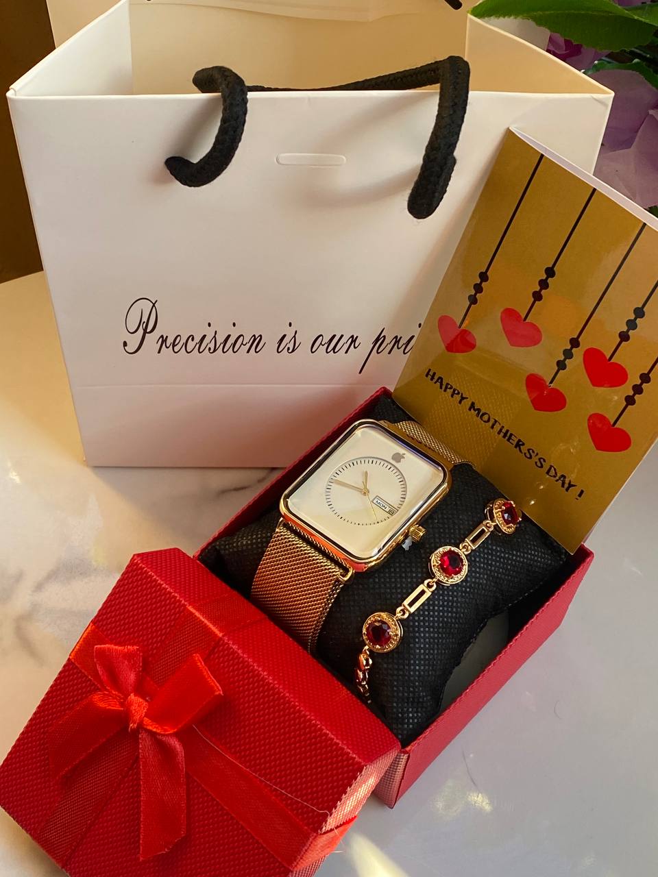 MOTHERS DAY GIFT PACKAGE (APPLE WATCH X BRACELET EDITION ) WATCH,BOX,CARD,BAG,BRACELET STAINLESS STEEL WATER RESISTANT BATTERY POWERED DAY AND DATE DISPLAY MAGNETIC MESH STRAP