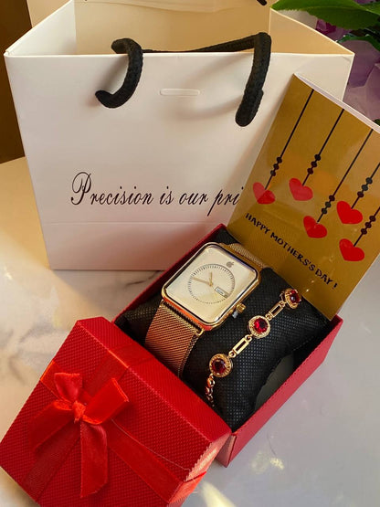 MOTHERS DAY GIFT PACKAGE (APPLE WATCH X BRACELET EDITION ) WATCH,BOX,CARD,BAG,BRACELET STAINLESS STEEL WATER RESISTANT BATTERY POWERED DAY AND DATE DISPLAY MAGNETIC MESH STRAP