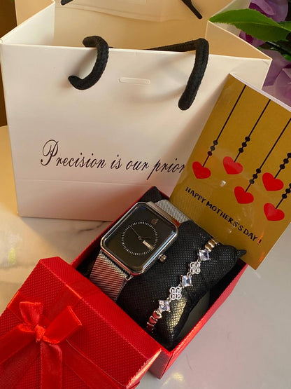 MOTHERS DAY GIFT PACKAGE (APPLE WATCH X BRACELET EDITION ) WATCH,BOX,CARD,BAG,BRACELET STAINLESS STEEL WATER RESISTANT BATTERY POWERED DAY AND DATE DISPLAY MAGNETIC MESH STRAP