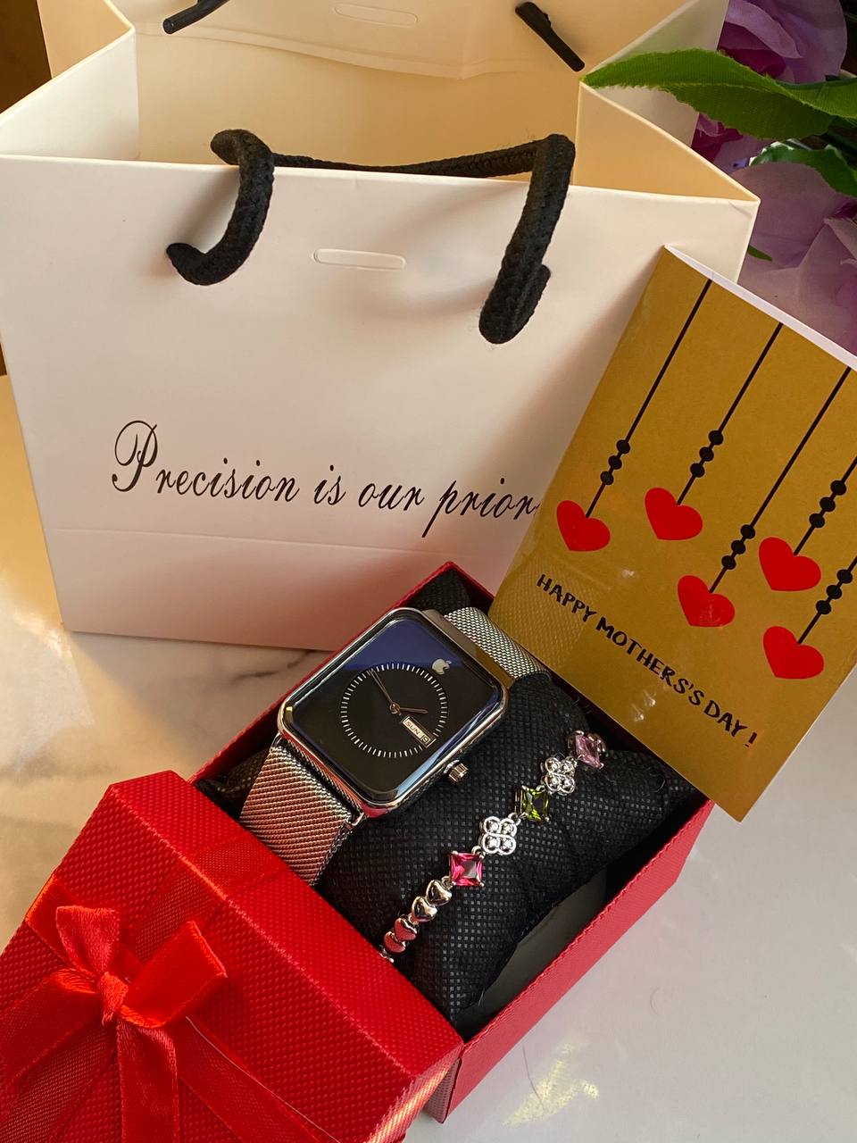 MOTHERS DAY GIFT PACKAGE (APPLE WATCH X BRACELET EDITION ) WATCH,BOX,CARD,BAG,BRACELET STAINLESS STEEL WATER RESISTANT BATTERY POWERED DAY AND DATE DISPLAY MAGNETIC MESH STRAP