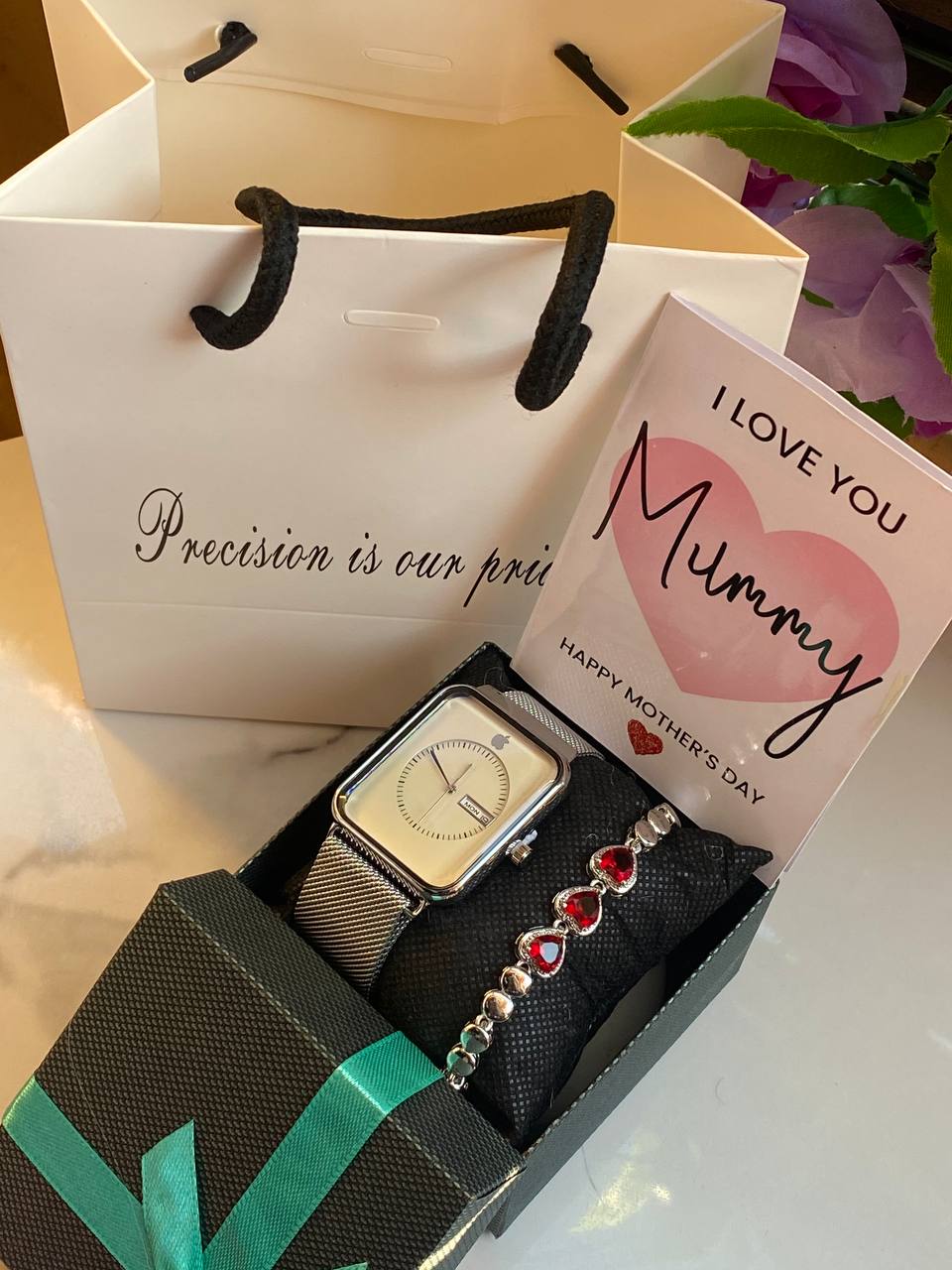 MOTHERS DAY GIFT PACKAGE (APPLE WATCH X BRACELET EDITION ) WATCH,BOX,CARD,BAG,BRACELET STAINLESS STEEL WATER RESISTANT BATTERY POWERED DAY AND DATE DISPLAY MAGNETIC MESH STRAP