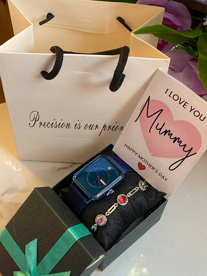 MOTHERS DAY GIFT PACKAGE (APPLE WATCH X BRACELET EDITION ) WATCH,BOX,CARD,BAG,BRACELET STAINLESS STEEL WATER RESISTANT BATTERY POWERED DAY AND DATE DISPLAY MAGNETIC MESH STRAP