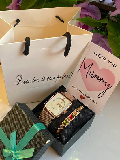 MOTHERS DAY GIFT PACKAGE (APPLE WATCH X BRACELET EDITION ) WATCH,BOX,CARD,BAG,BRACELET STAINLESS STEEL WATER RESISTANT BATTERY POWERED DAY AND DATE DISPLAY MAGNETIC MESH STRAP