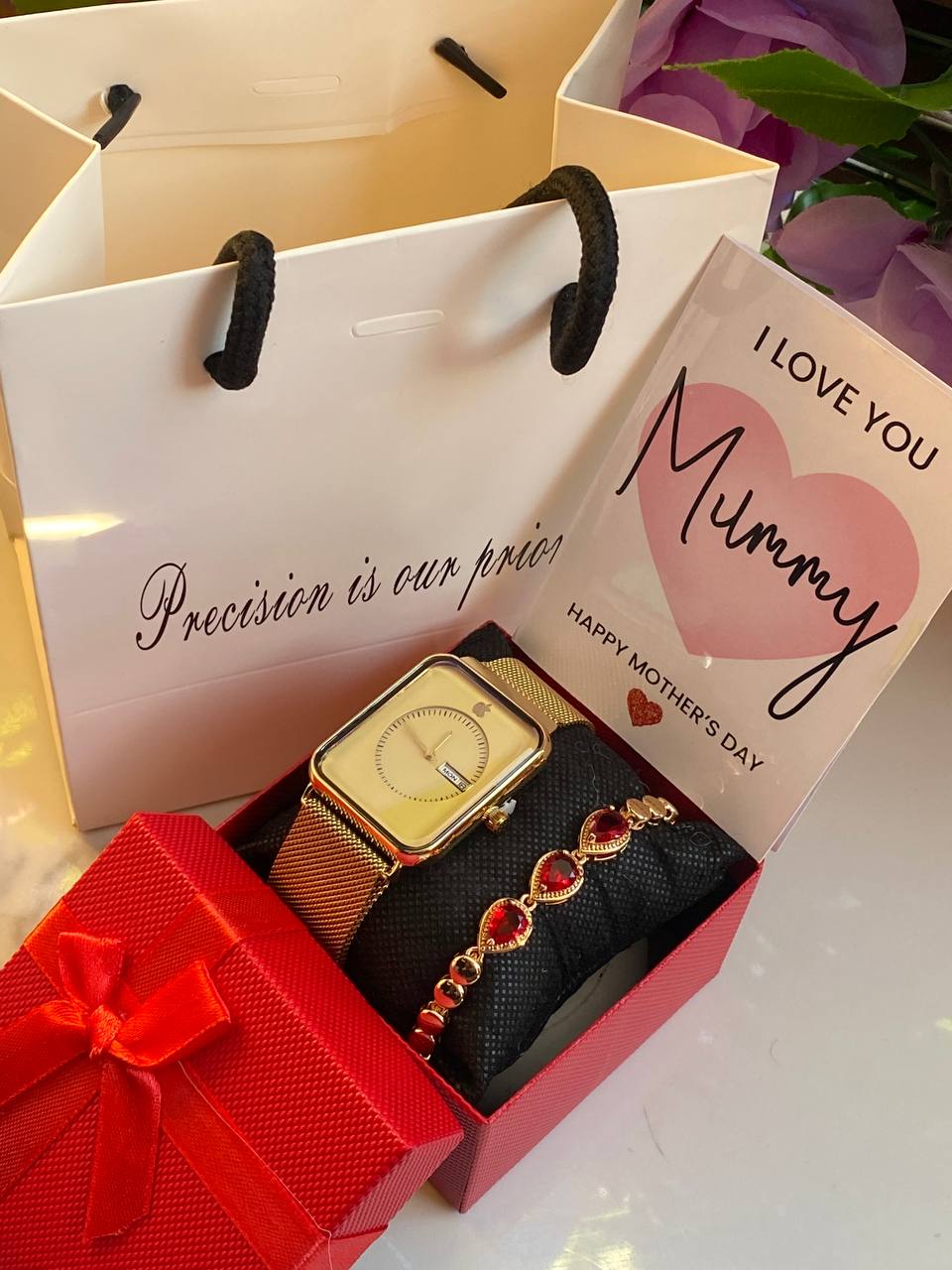 MOTHERS DAY GIFT PACKAGE (APPLE WATCH X BRACELET EDITION ) WATCH,BOX,CARD,BAG,BRACELET STAINLESS STEEL WATER RESISTANT BATTERY POWERED DAY AND DATE DISPLAY MAGNETIC MESH STRAP