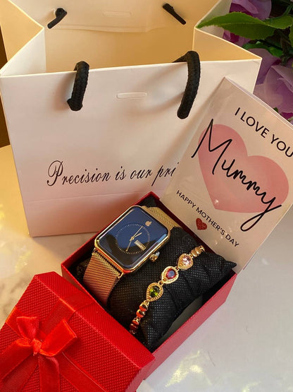 MOTHERS DAY GIFT PACKAGE (APPLE WATCH X BRACELET EDITION ) WATCH,BOX,CARD,BAG,BRACELET STAINLESS STEEL WATER RESISTANT BATTERY POWERED DAY AND DATE DISPLAY MAGNETIC MESH STRAP