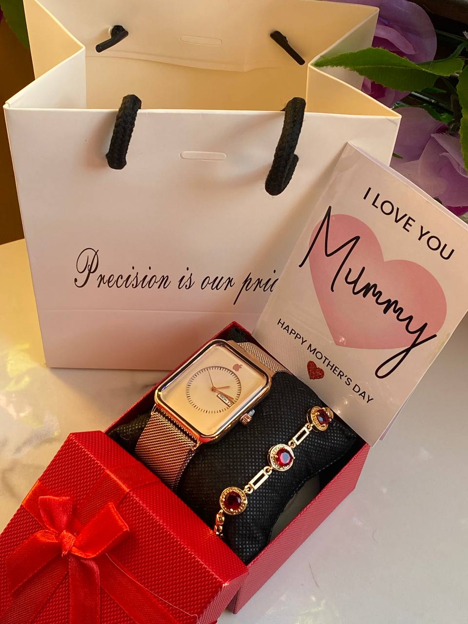 MOTHERS DAY GIFT PACKAGE (APPLE WATCH X BRACELET EDITION ) WATCH,BOX,CARD,BAG,BRACELET STAINLESS STEEL WATER RESISTANT BATTERY POWERED DAY AND DATE DISPLAY MAGNETIC MESH STRAP