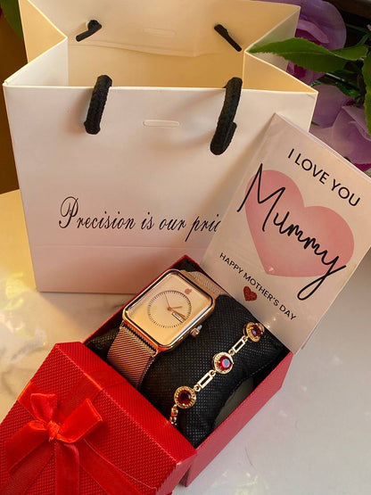 MOTHERS DAY GIFT PACKAGE (APPLE WATCH X BRACELET EDITION ) WATCH,BOX,CARD,BAG,BRACELET STAINLESS STEEL WATER RESISTANT BATTERY POWERED DAY AND DATE DISPLAY MAGNETIC MESH STRAP