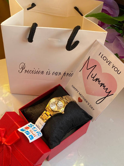 MOTHERS DAY GIFT PACKAGE (CASIO METALLIC/LEATHER EDITION) WATCH,BOX,CARD,BAG WATER RESISTANT BATTERY POWERED DATE DISPLAY