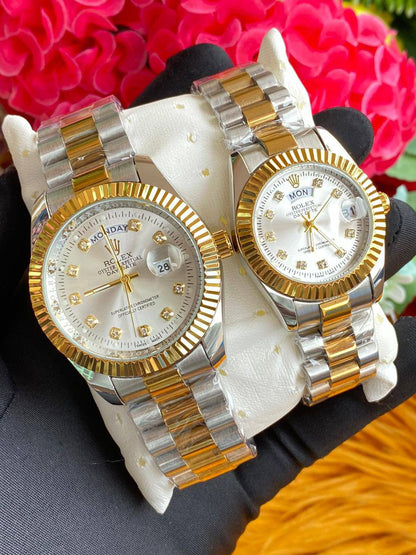 ROLEX COUPLE WATCHES SINGLE WATCH DAY AND DATE DISPLAY WATER RESISTANT BATTERY POWERED ROLEX BRANDED BOX