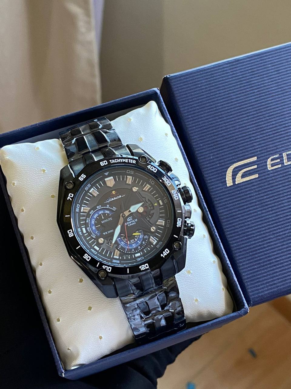 CASIO EDIFICE DAY AND DATE DISPLAY FULL CHRONOGRAPH NON FADE STOPWATCH WATERPROOF COMES CASIO EDIFICE BRANDED BOX AND MANUAL ENQUIRIES