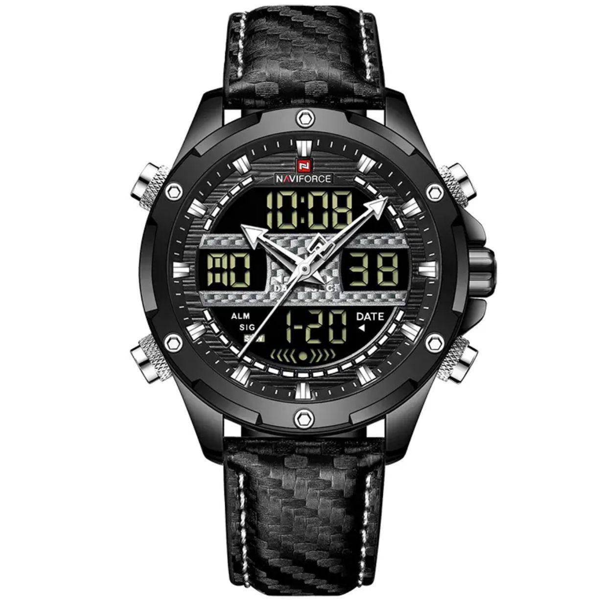 NAVIFORCE GENTS WATCH #NF 9194 ANALOGUE & DIGITAL DISPLAY LIGHT BUTTON WATER RESISTANT BATTERY POWERED BLACK