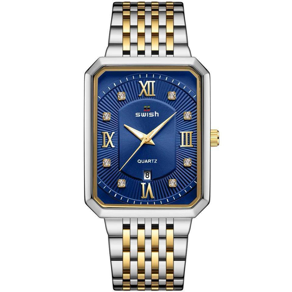 SWISH STYLISH GENTS WATCH DATE DISPLAY BATTERY POWERED STAINLESS STEEL WATER RESISTANT TWO-TONE BLUE SILVER GOLD SILVER BLACK GOLD-BLACK ENQUIRIES