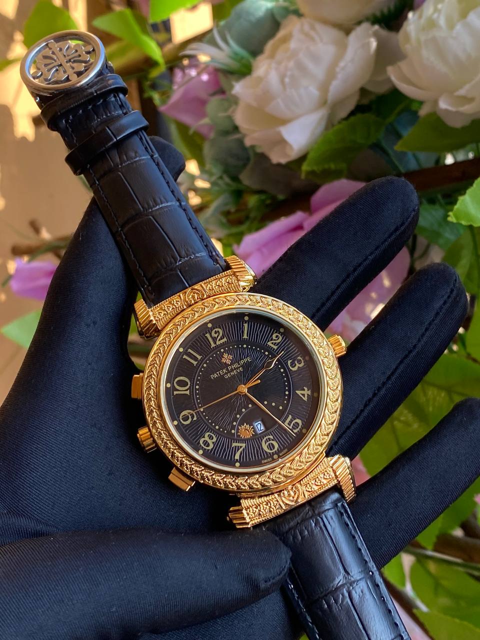 DOUBLE SIDED PATEK PHILLIPE DATE DISPLAY POLISHED LEATHER STRAP CHRONOGRAPH WATER RESISTANT BATTERY POWERED ENQUIRIES AND