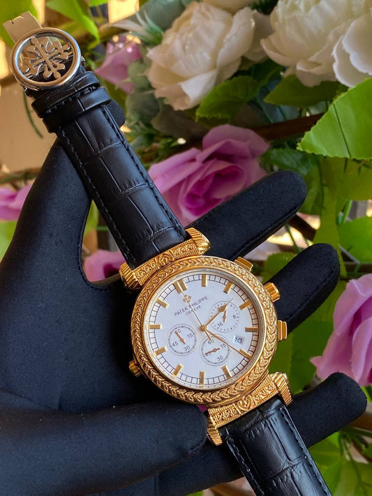 DOUBLE SIDED PATEK PHILLIPE DATE DISPLAY POLISHED LEATHER STRAP CHRONOGRAPH WATER RESISTANT BATTERY POWERED ENQUIRIES AND