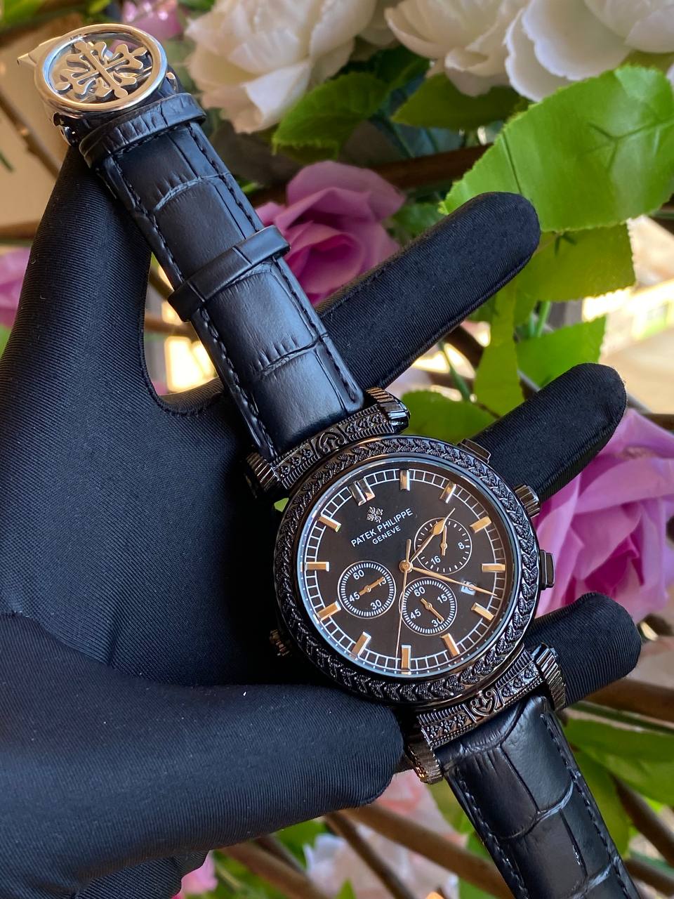 DOUBLE SIDED PATEK PHILLIPE DATE DISPLAY POLISHED LEATHER STRAP CHRONOGRAPH WATER RESISTANT BATTERY POWERED ENQUIRIES AND