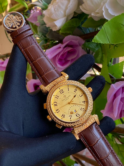 DOUBLE SIDED PATEK PHILLIPE DATE DISPLAY POLISHED LEATHER STRAP CHRONOGRAPH WATER RESISTANT BATTERY POWERED ENQUIRIES AND