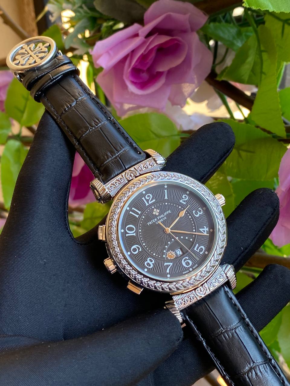 DOUBLE SIDED PATEK PHILLIPE DATE DISPLAY POLISHED LEATHER STRAP CHRONOGRAPH WATER RESISTANT BATTERY POWERED ENQUIRIES AND