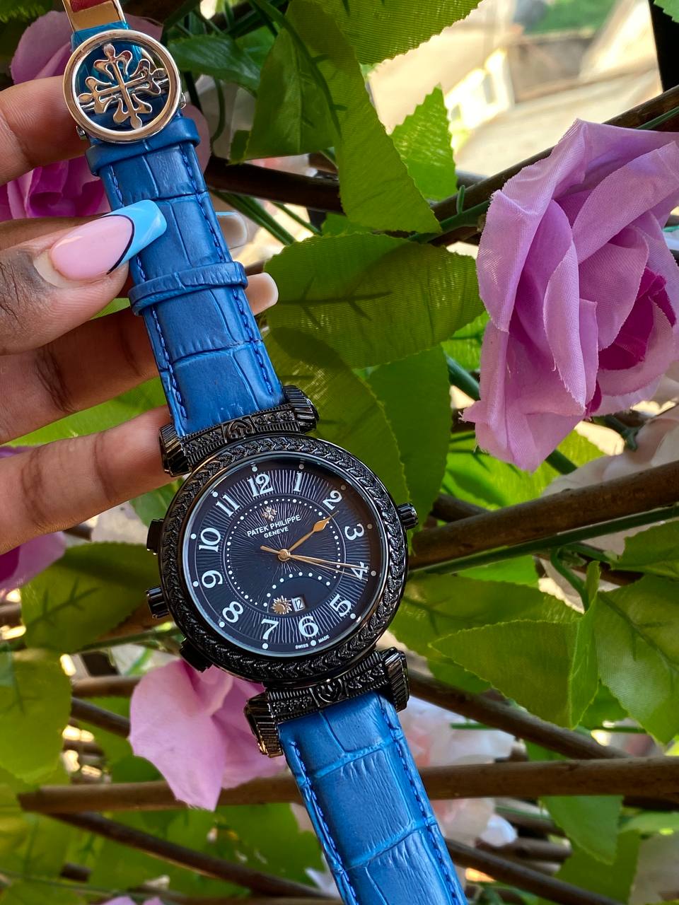 DOUBLE SIDED PATEK PHILLIPE DATE DISPLAY POLISHED LEATHER STRAP CHRONOGRAPH WATER RESISTANT BATTERY POWERED ENQUIRIES AND