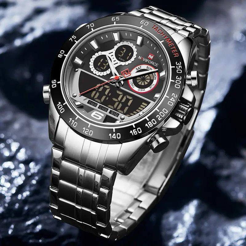 NAVIFORCE GENTS WATCH #NF 9188 ANALOGUE & DIGITAL DISPLAY LIGHT BUTTON WATER RESISTANT BATTERY POWERED GOLD SILVER ENQUIRIES