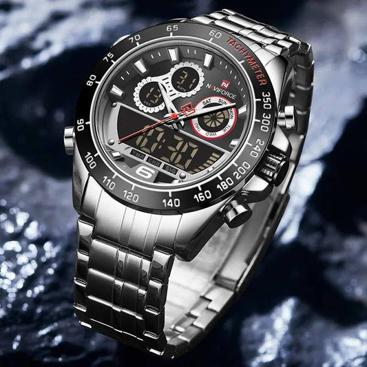 NAVIFORCE GENTS WATCH #NF 9188 ANALOGUE & DIGITAL DISPLAY LIGHT BUTTON WATER RESISTANT BATTERY POWERED GOLD SILVER ENQUIRIES