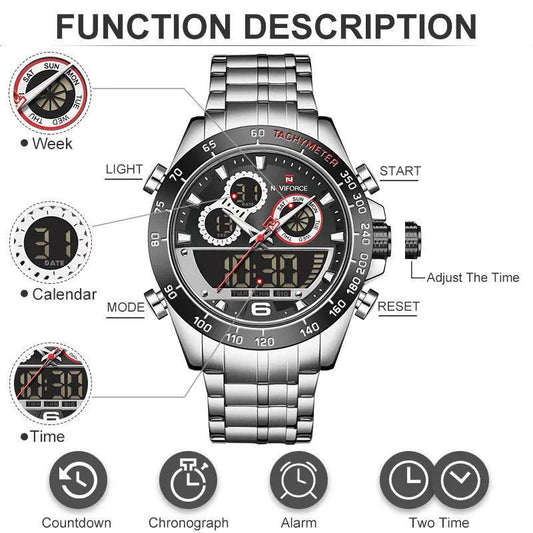NAVIFORCE GENTS WATCH #NF 9188 ANALOGUE & DIGITAL DISPLAY LIGHT BUTTON WATER RESISTANT BATTERY POWERED GOLD SILVER ENQUIRIES