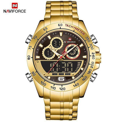 NAVIFORCE GENTS WATCH #NF 9188 ANALOGUE & DIGITAL DISPLAY LIGHT BUTTON WATER RESISTANT BATTERY POWERED GOLD SILVER ENQUIRIES