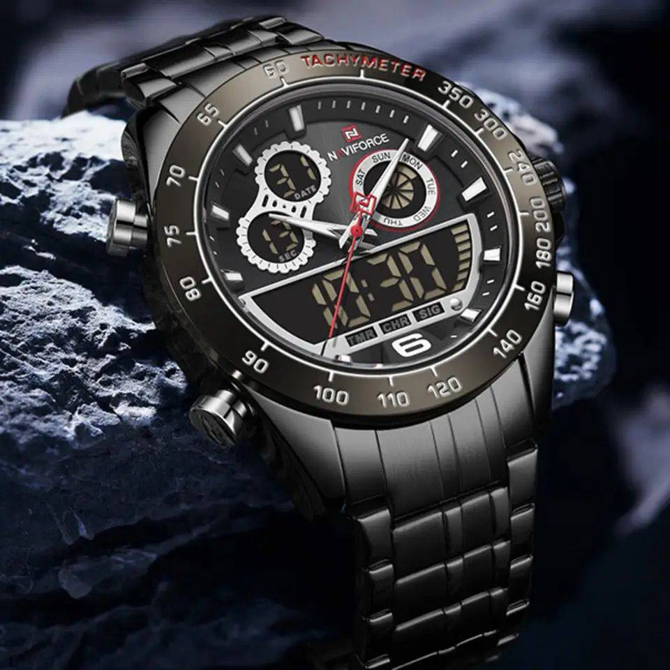 NAVIFORCE GENTS WATCH #NF 9188 ANALOGUE & DIGITAL DISPLAY LIGHT BUTTON WATER RESISTANT BATTERY POWERED GOLD SILVER ENQUIRIES