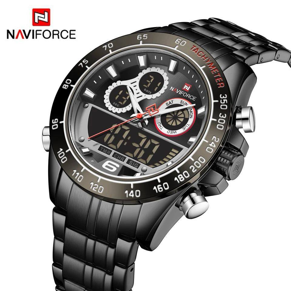 NAVIFORCE GENTS WATCH #NF 9188 ANALOGUE & DIGITAL DISPLAY LIGHT BUTTON WATER RESISTANT BATTERY POWERED GOLD SILVER ENQUIRIES