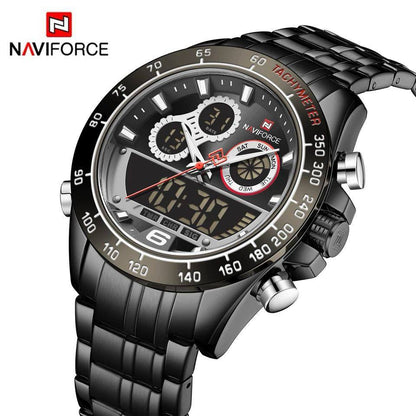 NAVIFORCE GENTS WATCH #NF 9188 ANALOGUE & DIGITAL DISPLAY LIGHT BUTTON WATER RESISTANT BATTERY POWERED GOLD SILVER ENQUIRIES