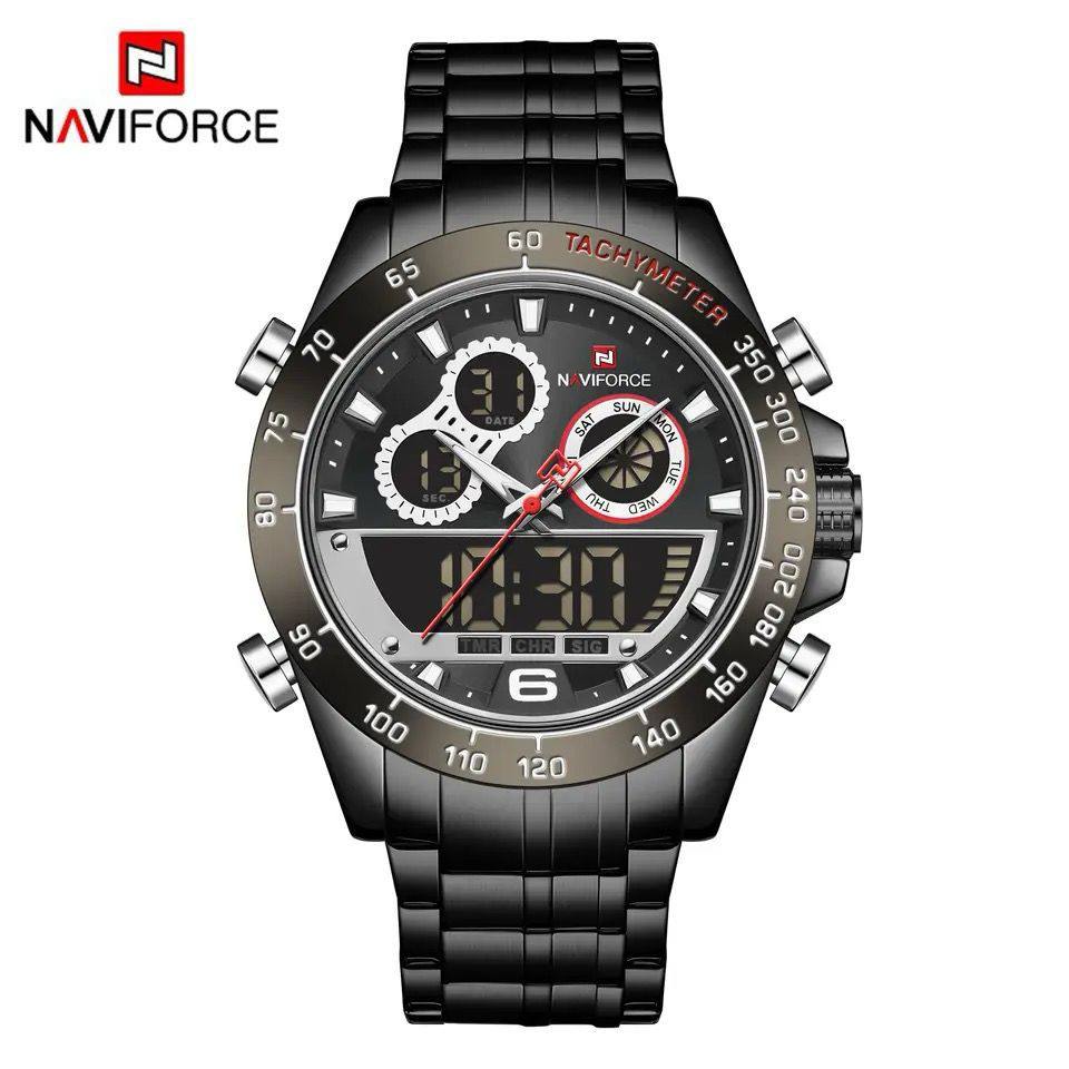 NAVIFORCE GENTS WATCH #NF 9188 ANALOGUE & DIGITAL DISPLAY LIGHT BUTTON WATER RESISTANT BATTERY POWERED GOLD SILVER ENQUIRIES