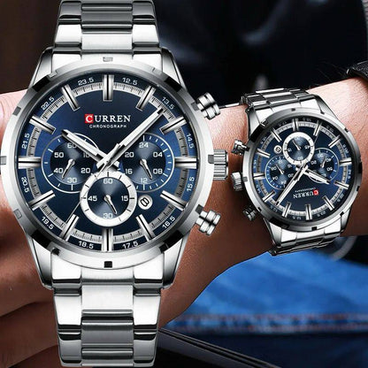 GENTS CURREN 8355 CHRONOGRAPH DATE DISPLAY WATER RESISTANT STAINLESS STEEL BLUE SILVER BLACK CURREN BRANDED BOX ENQUIRIES