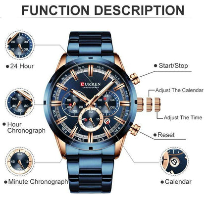 GENTS CURREN 8355 CHRONOGRAPH DATE DISPLAY WATER RESISTANT STAINLESS STEEL BLUE SILVER BLACK CURREN BRANDED BOX ENQUIRIES