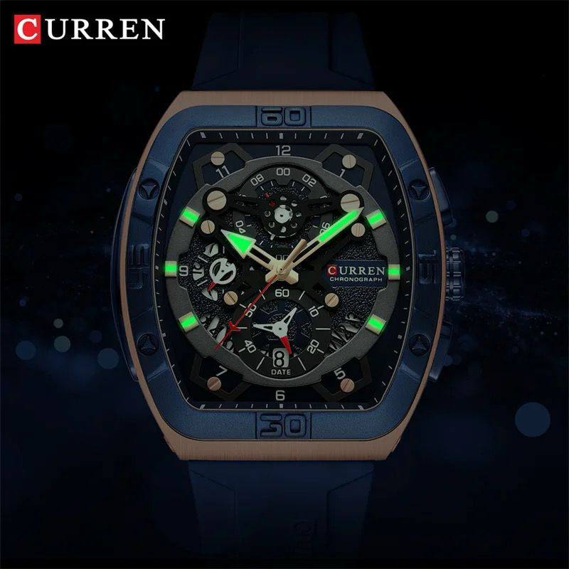 CURREN CHRONOGRAPH GENTS WATCH #8443 RUBBER STRAP CHRONOGRAPH MOVEMENT DATE DISPLAY BATTERY POWERED CURREN BRENDED BOX
