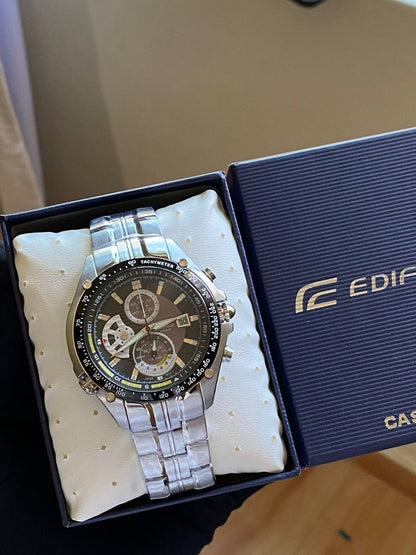 CASIO EDIFICE DAY AND DATE DISPLAY FULL CHRONOGRAPH NON FADE STOPWATCH WATERPROOF COMES CASIO EDIFICE BRANDED BOX AND MANUAL ENQUIRIES