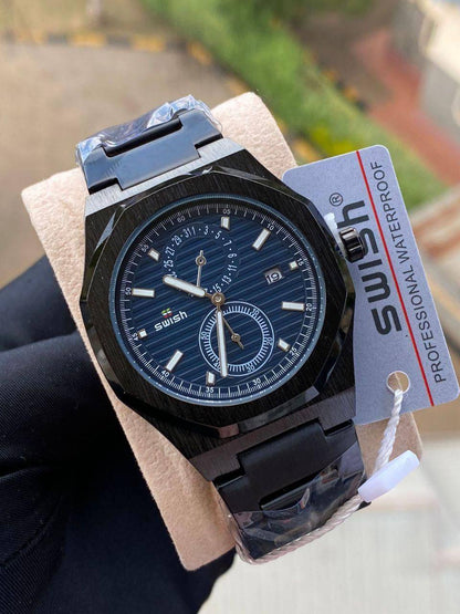 SWISH CHRONOGRAPH GENTS WATCH CHRONOGRAPH DATE DISPLAY BATTERY POWERED STAINLESS STEEL WATER RESISTANT TWO-TONE BLACKGOLD -BLACKBLACK-GREEN BLACK-BLUE GOLD-BLUE