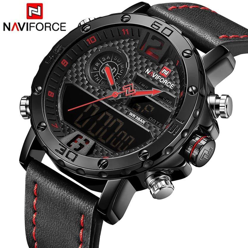 #NAVIFORCE GENTS WATCH #NF 9134 ANALOGUE & DIGITAL DISPLAY LIGHT BUTTON WATER RESISTANT BATTERY POWERED BLACK-RED BROWN BLACK