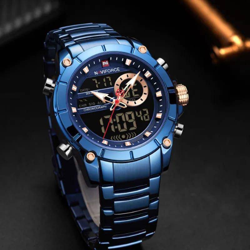 NAVIFORCE GENTS WATCH #NF 9163 ANALOGUE & DIGITAL DISPLAY LIGHT BUTTON WATER RESISTANT BATTERY POWERED SILVER BLACK BLUE