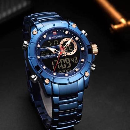 NAVIFORCE GENTS WATCH #NF 9163 ANALOGUE & DIGITAL DISPLAY LIGHT BUTTON WATER RESISTANT BATTERY POWERED SILVER BLACK BLUE