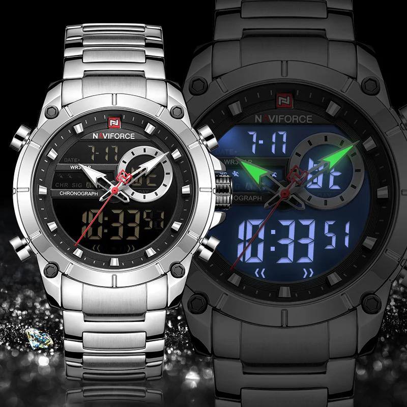 NAVIFORCE GENTS WATCH #NF 9163 ANALOGUE & DIGITAL DISPLAY LIGHT BUTTON WATER RESISTANT BATTERY POWERED SILVER BLACK BLUE