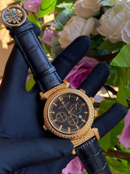 DOUBLE SIDED PATEK PHILLIPE GENTS WATCH DATE DISPLAY POLISHED LEATHER STRAP CHRONOGRAPH WATER RESISTANT BATTERY POWERED ENQUIRIES AND