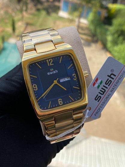 GENTS SWISH DAY AND DATE DISPLAY NON FADE STAINLESS STEEL POLISH WATERPROOF BATTERY POWERED