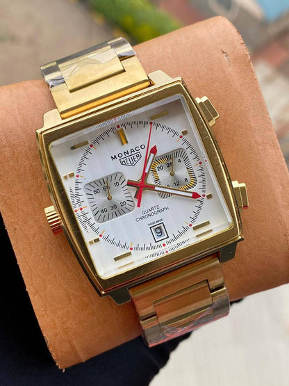 MONACO HEUR CHRONOGRAPH MEN WATCH CHRONOGRAPH MOVEMENT DATE DISPLAY NON-FADE STAINLESS STEEL FINISH WATER RESISTANT BATTERY POWERED SMOOTH SWEEPING MOVEMENT ENQUIRIES