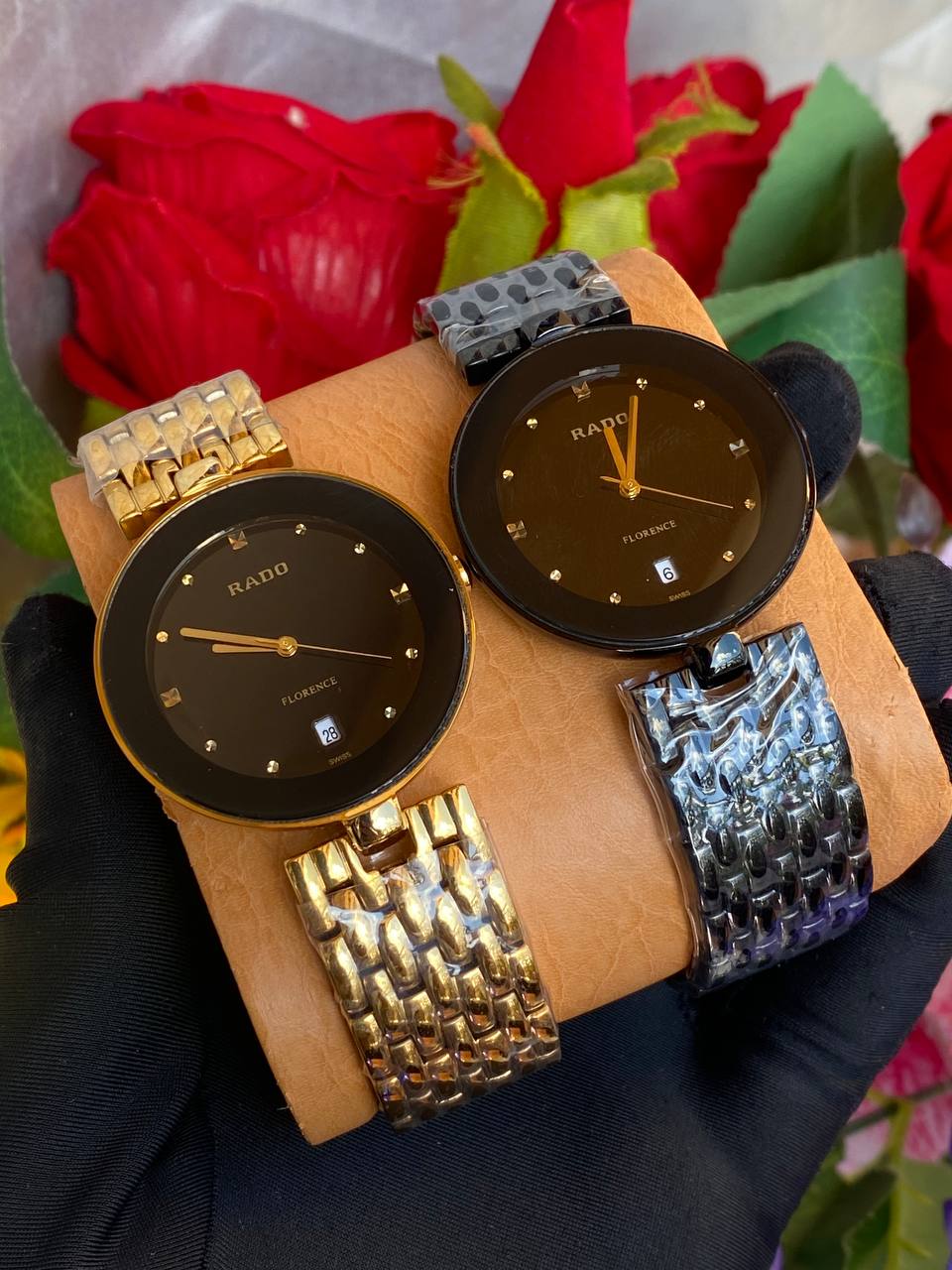 RADO FLORENCE COUPLE SET SINGLE PIECE SAPPHIRE CRYSTAL DATE DISPLAY NON FADE RANK A WATER SEALED BATTERY POWERED STAINLESS STEEL ENQUIRIES