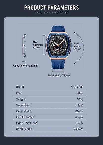 CURREN CHRONOGRAPH GENTS WATCH #8443 RUBBER STRAP CHRONOGRAPH MOVEMENT DATE DISPLAY BATTERY POWERED CURREN BRANDED BOX