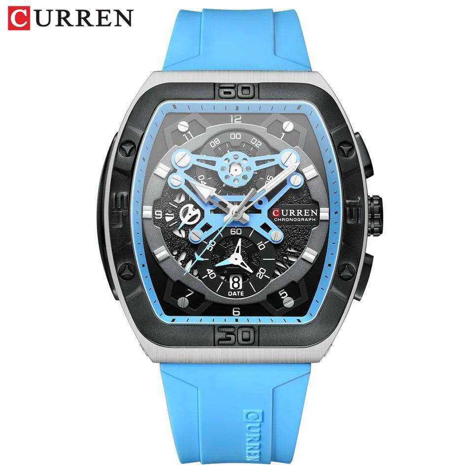 CURREN CHRONOGRAPH GENTS WATCH #8443 RUBBER STRAP CHRONOGRAPH MOVEMENT DATE DISPLAY BATTERY POWERED CURREN BRANDED BOX